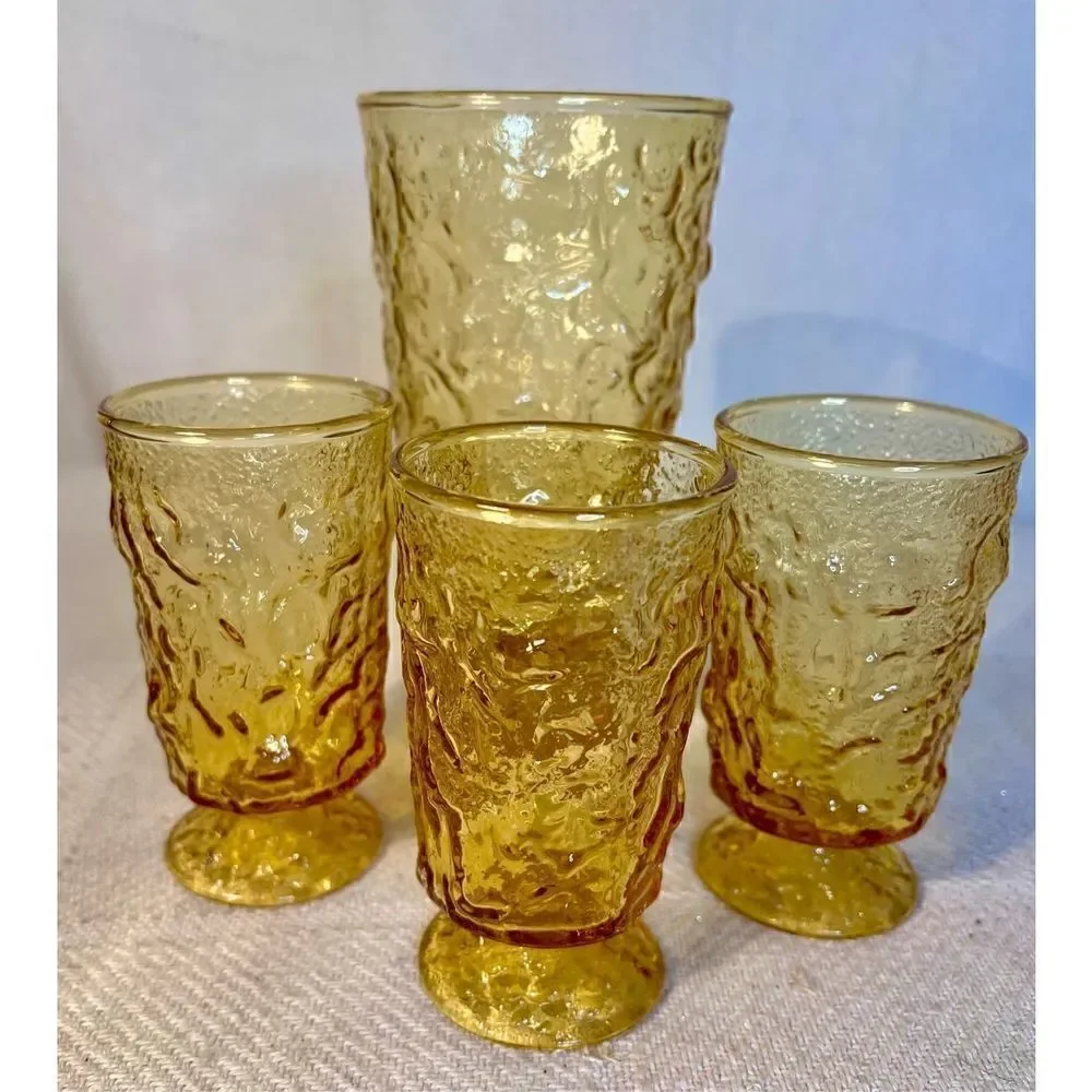 Anchor Hocking Vintage Lido Milan Amber Honey Crinkle Glasses 3 Juice, 1 Tumbler